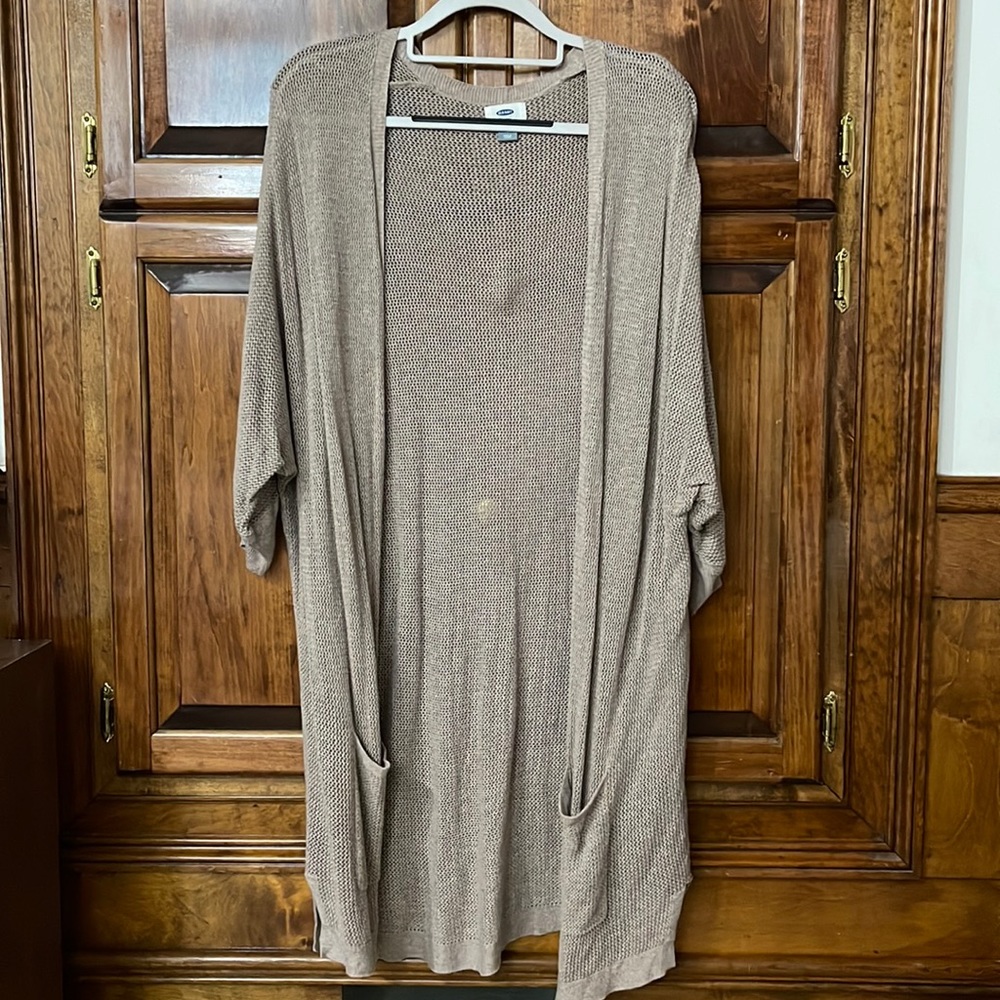 Light Brown/Tan Tunic Style Knitted 3/4 Sleeve Cardigan with Pockets